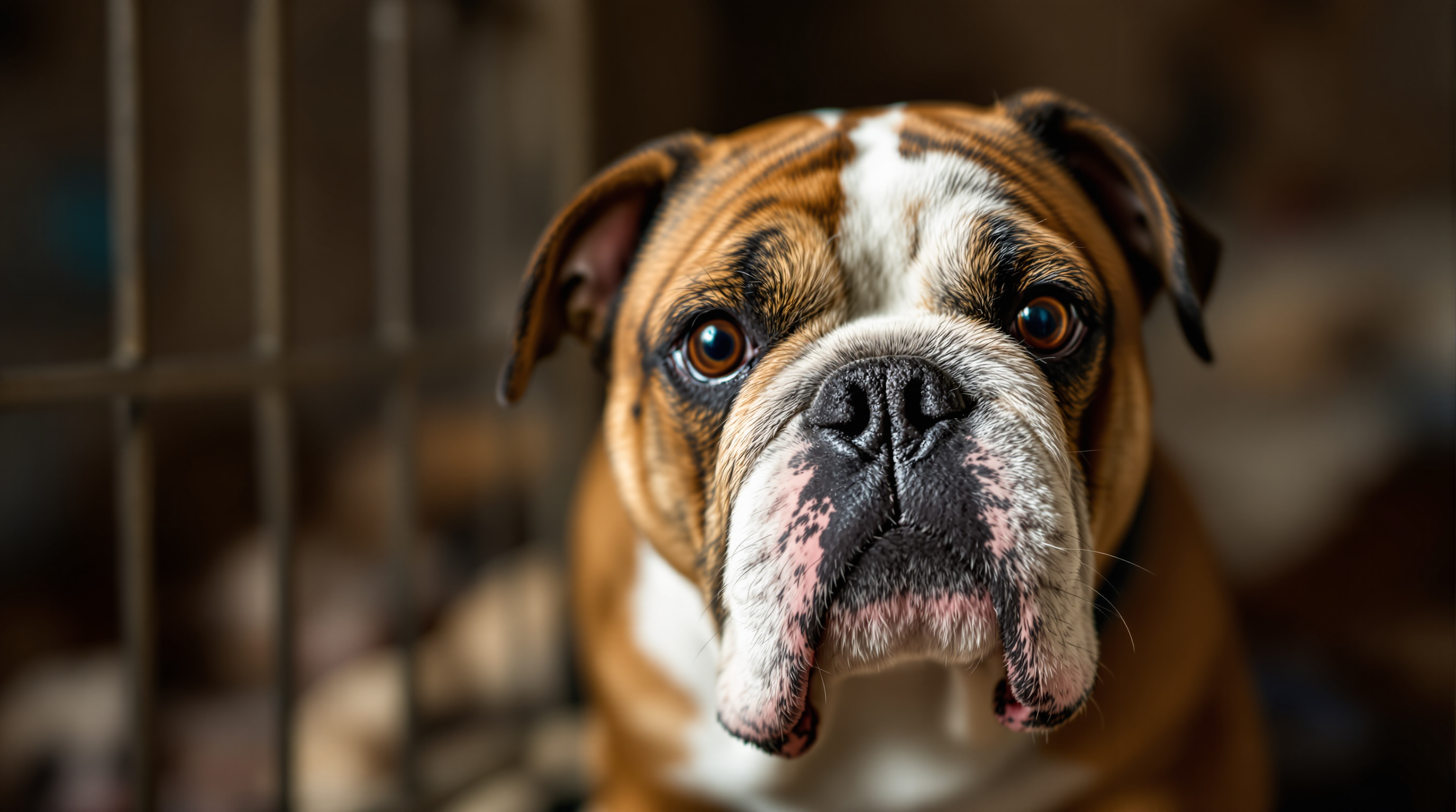 English Bulldog mother with a litter of healthy puppies