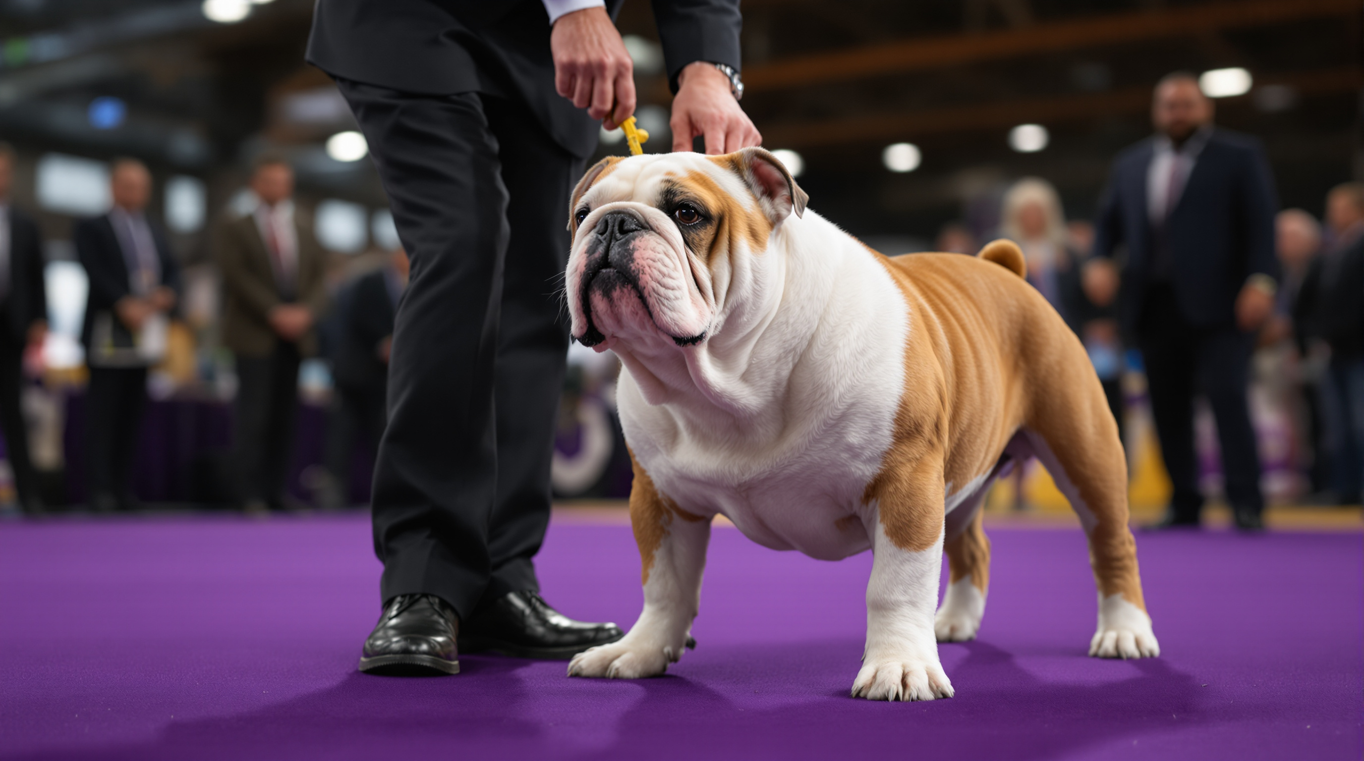 English Bulldog being presented in an AKC conformation show ring