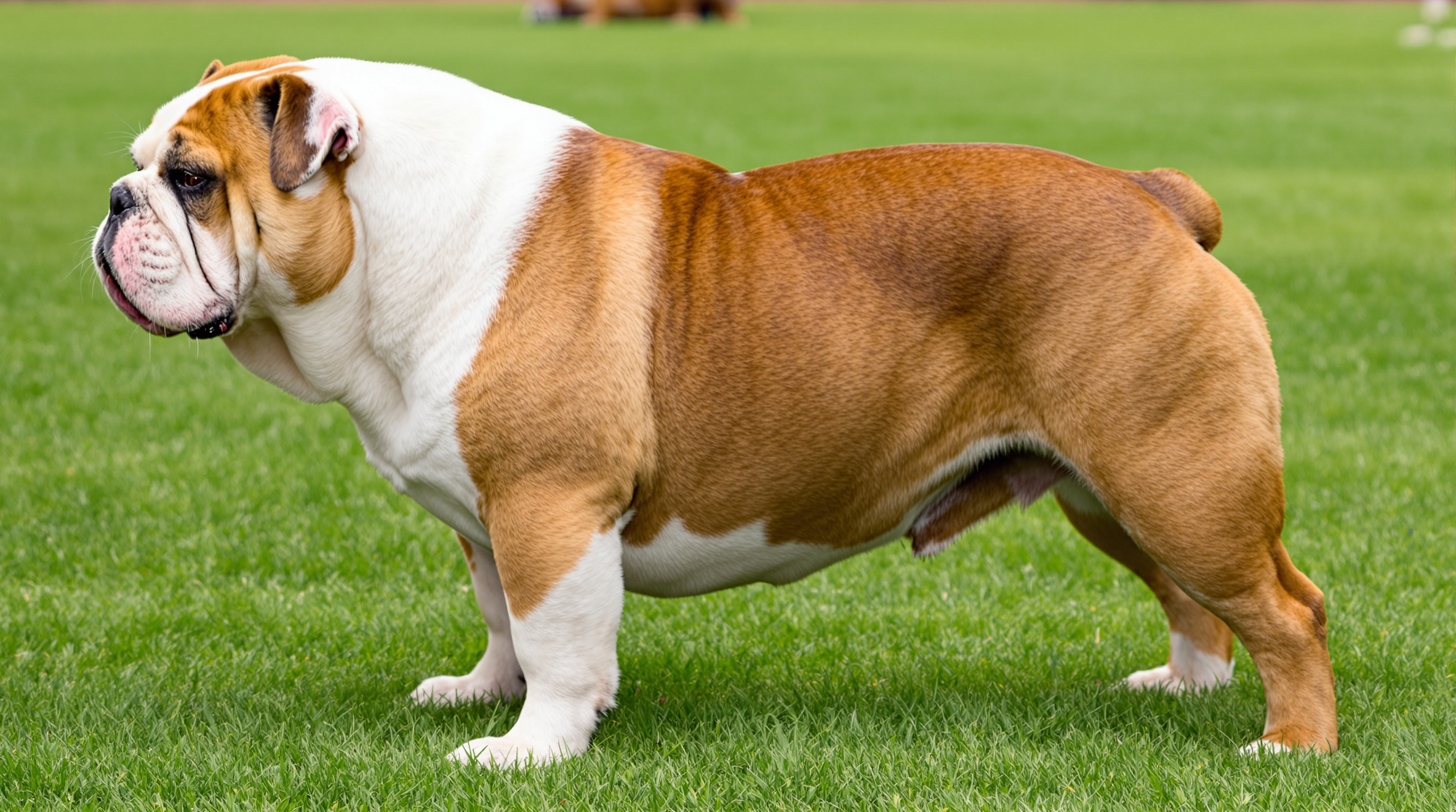 English Bulldog sitting proudly on green grass
