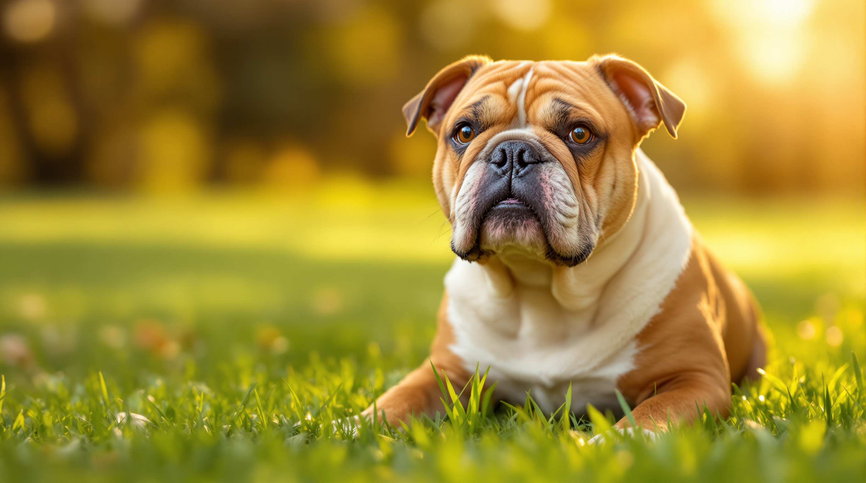 A gentle English Bulldog wearing a rescue bandana, sitting hopefully